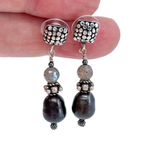Estate Sterling Silver 925 Pebble Square Black Pearl Labradorite Drop Earrings - Picture 3 of 8